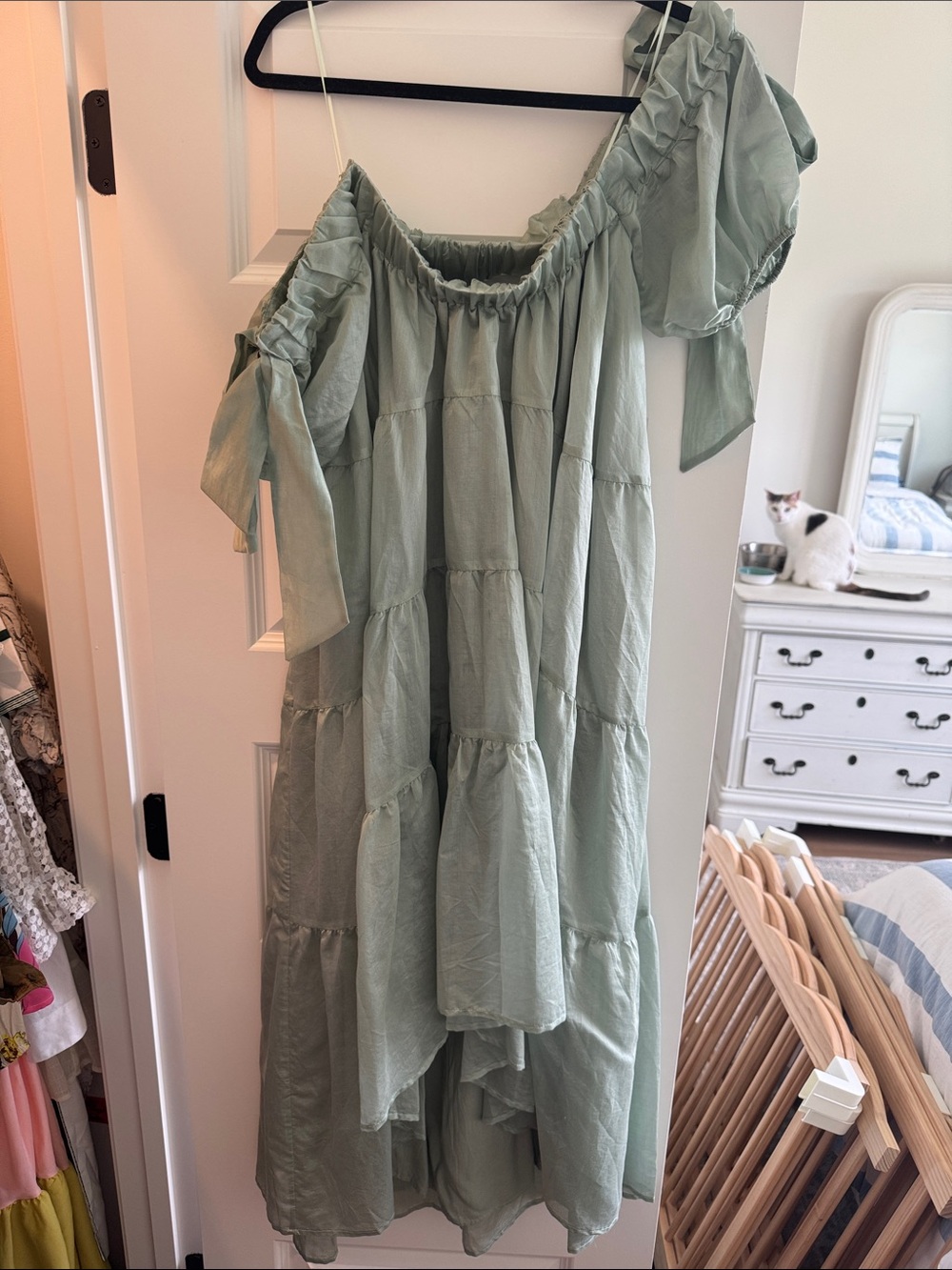 Sage Green Tiered Off-Shoulder Maxi Dress